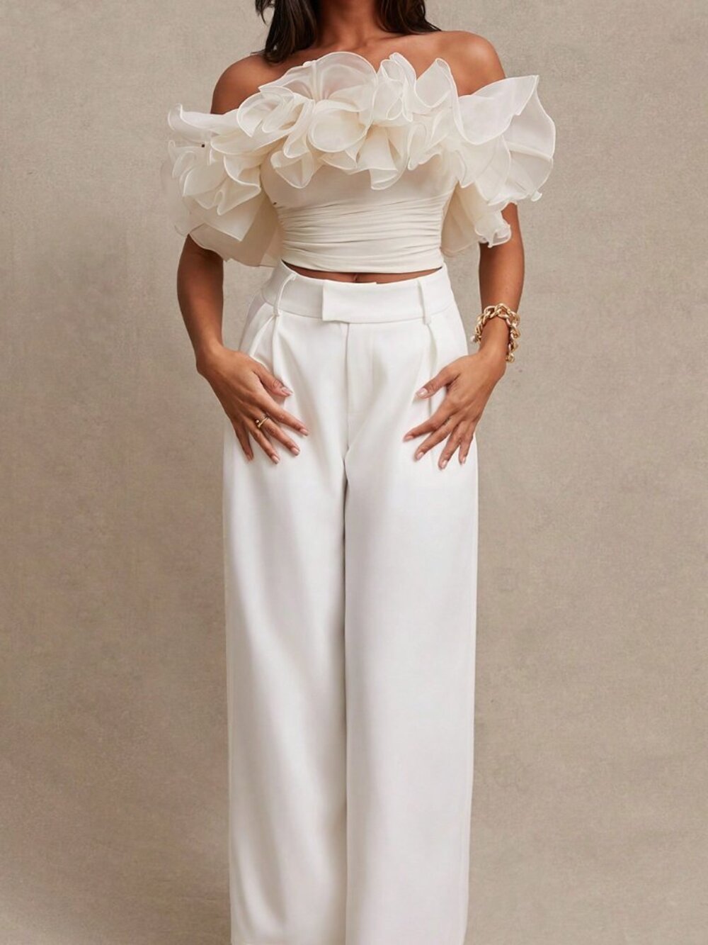 Apricot Elegant Women's Exaggerated Ruffle Trim Bandeau Top - Picture 4 of 6